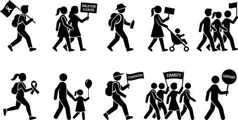 Fototapeta premium Charity and awareness walk silhouettes collection, fundraising and support design, community and activism concept, black vector illustration of people set