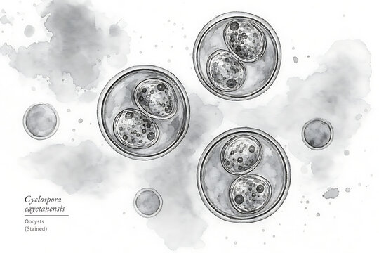 Microscopic view of Cyclospora cayetanensis oocysts stained illustration with watercolor effect