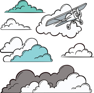 Illustrated airplane flying through various types of clouds in sky