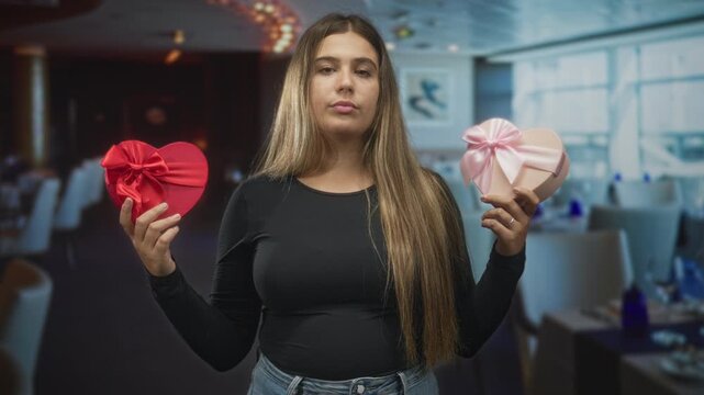 Woman holding red and pink heart gift boxes with both hands in a restaurant building, facing camera with neutral expression; romantic dilemma.