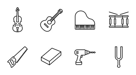 Musical Instruments and Tools Icons: Violin, Guitar, Piano, Drum, Saw, Drill, Tuning Fork Vector Set © IconCrown123