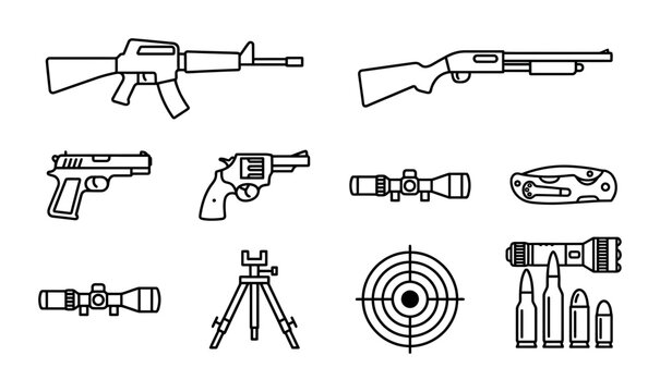 Firearm Icons Set: Rifle, Shotgun, Pistol, Revolver, Optics, Ammunition, Target, Knife, Tripod, Flashlight Vector Graphics