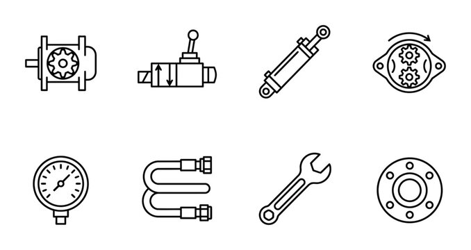 Hydraulic System Components Icons, Industrial Machinery Parts Set, Mechanical Engineering Equipment Vector Graphics
