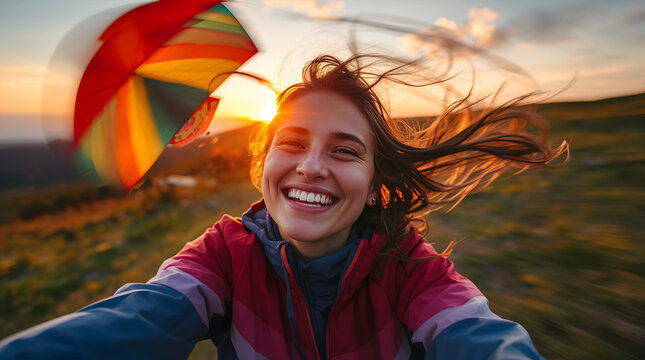 Woman spinning while playing with kite on windy hill conveying happy free joyful mood generative AI