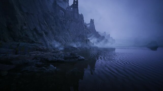 fog shrouded basalt shore at midnight cold blue tones and heavy atmosphere with crashing surf and sculpted rock faces evoking foreboding mood