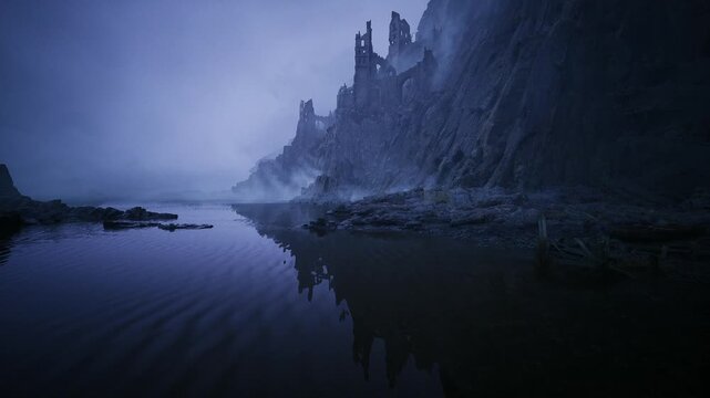 Narrow rocky inlet framed by cliffs, intimate channel with tideworn stones and shallow pools, low light silhouette and misty horizon, ideal for adventure