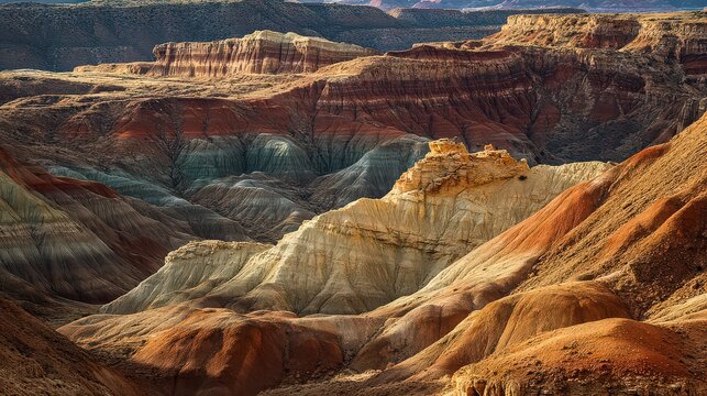 Badlands terrain features vibrant, multi-colored sedimentary rock layers carved by natural erosion.