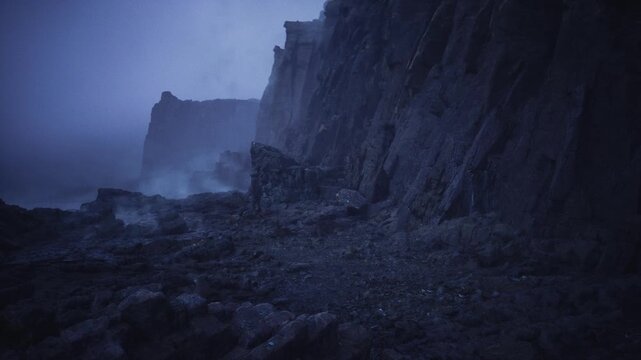 rocky coastal shelf under storm light, towering cliff faces cascade into pebble ramp and shallow pools, heavy clouds and ocean mist heighten dramatic tension