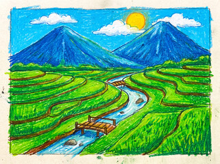 Obraz premium Colorful crayon drawing of mountain landscape with green terraced rice fields and river.