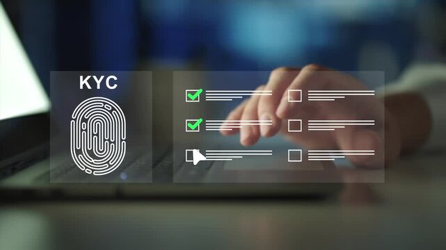 Know Your Customer concept. KYC verification with biometric scan, Personal information for identification technology.