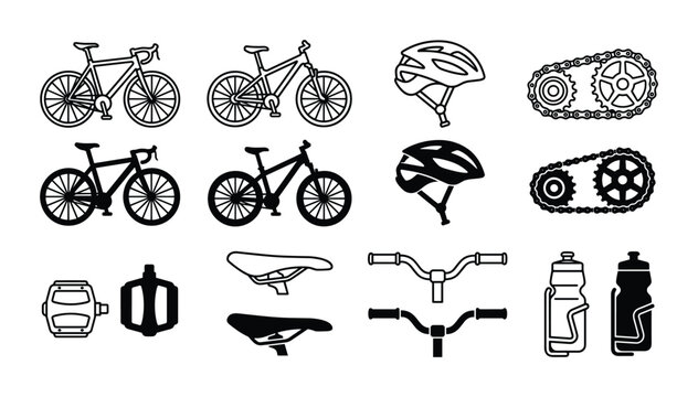 Bicycle and cycling equipment icons with various components and parts