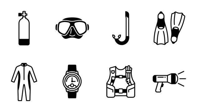 Scuba Diving Gear Icons Set: Underwater Exploration Equipment, Snorkeling Kit, Dive Accessories, Vector Illustrations