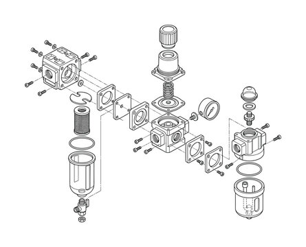Exploded view technical diagram of pneumatic air regulator components