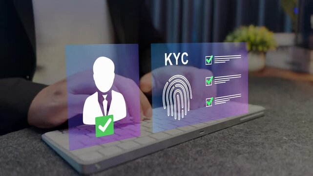 Know Your Customer concept. KYC verification with biometric scan, Personal information for identification technology.