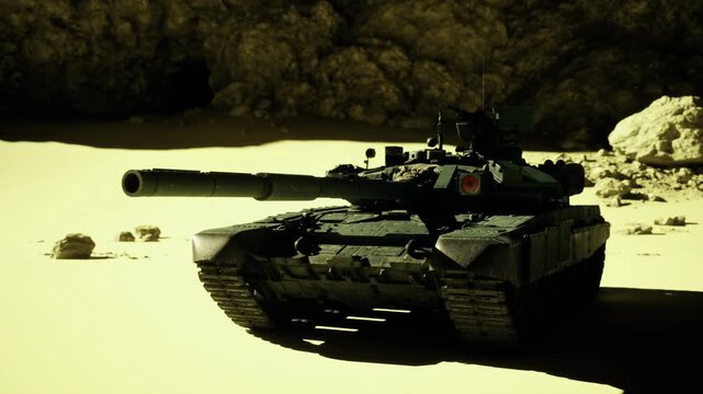 Camouflaged tank poised for desert ambush, low profile hides silhouette against rocks, turret ready, optics scanning for targets during covert reconnaissance