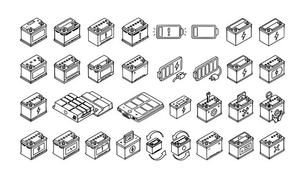 Isometric car battery icon set vector illustration for auto service web and mobile UI design