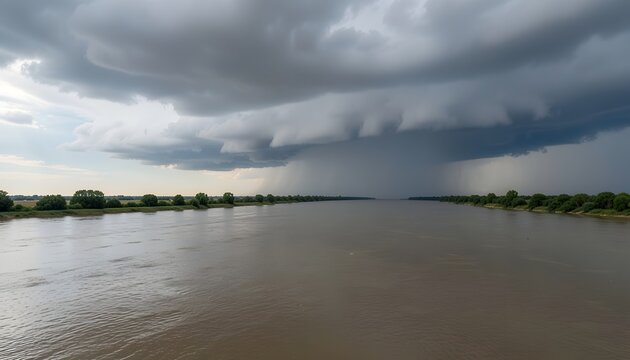  Storm descending over a muddy river floodplain.