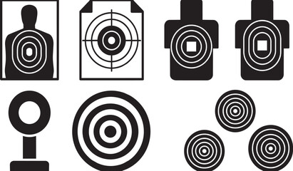 Collection of diverse black and white shooting target vector graphic icons featuring human silhouettes and circular bullseye shapes on transparent background © Hamza