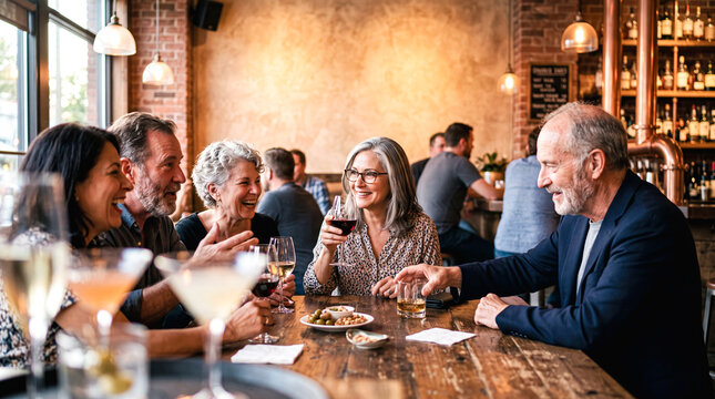 Cozy Bar Gathering: Friends and acquaintances share laughter and conversation over drinks at a warm, inviting bar, with a selection of spirits displayed on shelves in the background.