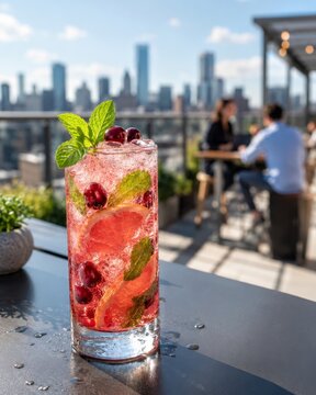C&oacute;ctel en un bar en la azotea con vista a la ciudad