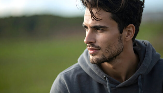 Man standing in portrait wearing grey hoodie creating casual and relaxed lifestyle atmosphere generative AI