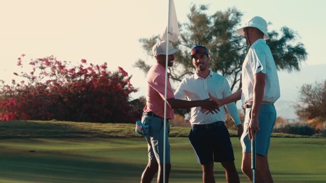 Two golfers shake hands beside the flag on a putting green in ultra slow motion at golden hour, a warm sportsmanship moment suited to teamwork, branding and lifestyle stories.