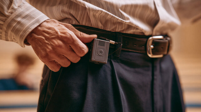Professional person wearing a small digital belt microphone during an important business meeting or presentation event