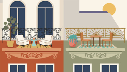 Obraz premium Charming view of two distinct architectural balconies with cozy outdoor seating areas, plants, and tables on sunny day.