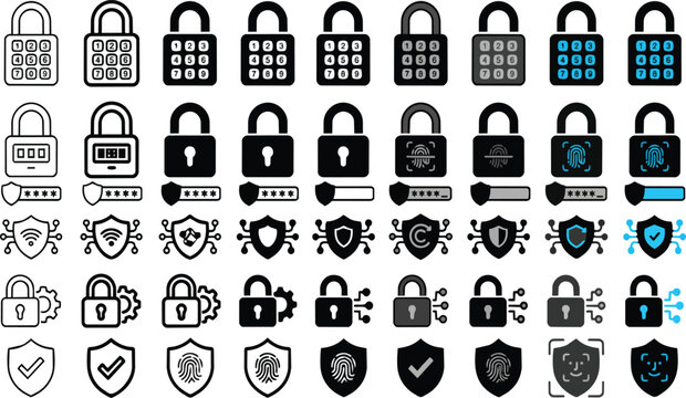 Detailed set of digital security and padlock icons featuring various authentication methods and shield symbols presented on transparent background