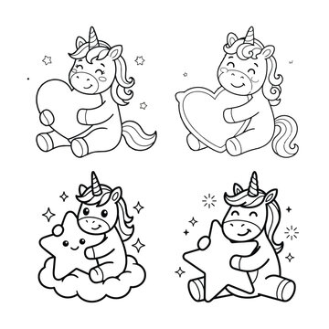 Cute unicorn cartoon characters dancing and celebrating with sparkles. Whimsical fantasy creatures in joyful motion with magical effects.