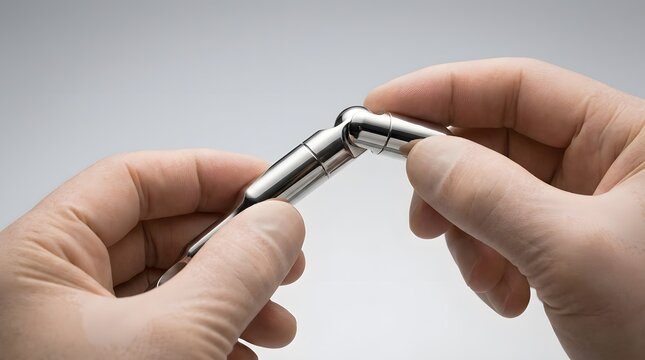 Hands holding a metallic swivel joint socket tool.