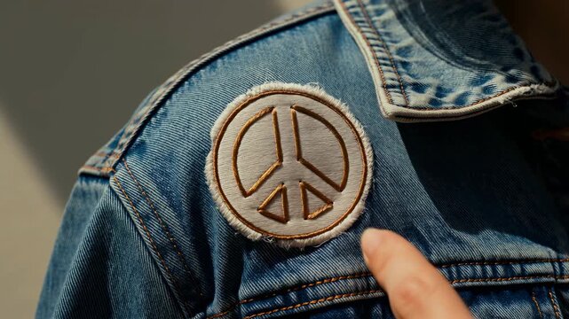 Fingertip pressing embroidered peace patch on worn blue denim jacket shoulder under warm directional light, showing tactile fabric detail, stitched texture, soft shadow, and gentle everyday touch