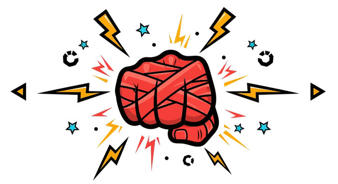 Powerful clenched wrapped fist with lightning bolts and energy