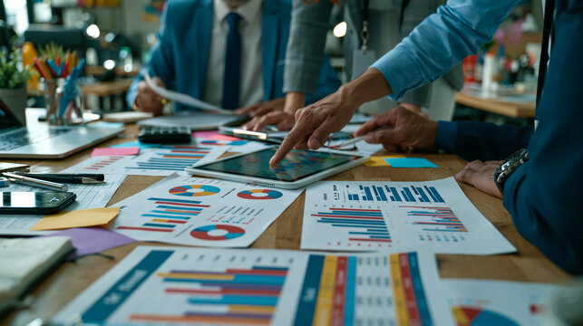 Coworkers pointing at tablet with colorful charts and graphs during business partnership meeting