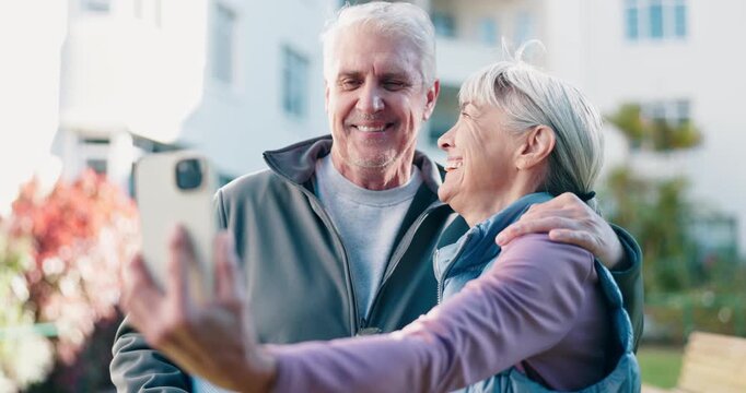 Fitness, selfie and senior couple with smile, laughing and bonding with partner and profile picture. Outdoor, photography and old people after physical activity, happy and memory on social media