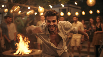 Fototapeta premium Man spinning during backyard barbecue smiling creating cozy and happy fluid party motion atmosphere generative AI
