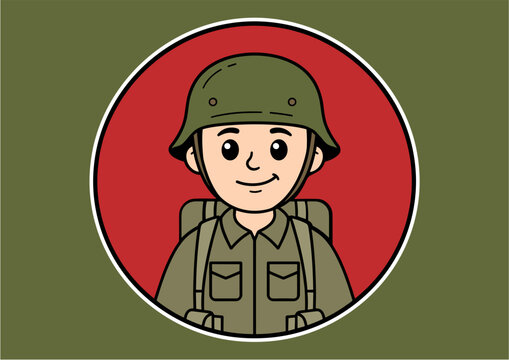 Cute cartoon soldier mascot with backpack in a circle