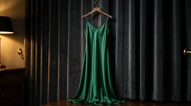 Elegant green satin slip dress hanging in luxurious bedroom with dark curtains
