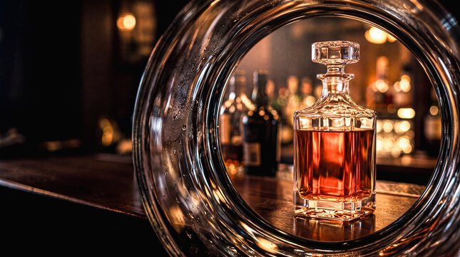 Amber Spirit in Crystal Decanter: A finely crafted crystal decanter filled with rich amber-colored spirits sits on a polished bar.