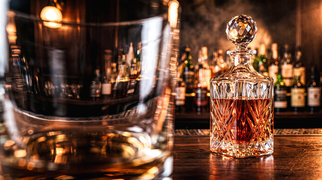 Whiskey Decanter and Glass at Bar: An elegant crystal decanter filled with amber whiskey sits on a polished bar top, beside a clear glass.