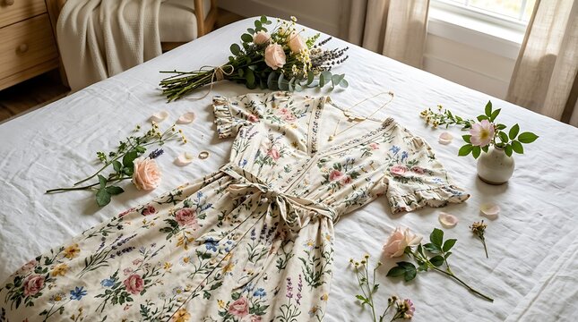 Elegant floral dress on a white table with flowers and jewelry