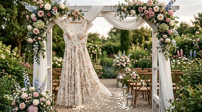 Elegant floral wedding dress hanging on a beautiful garden archway