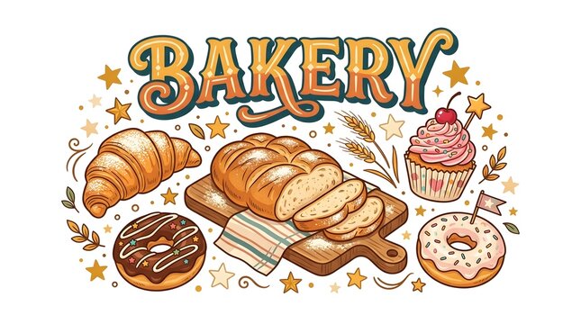 Fresh bakery food illustration with pastries bread and sweet desserts design