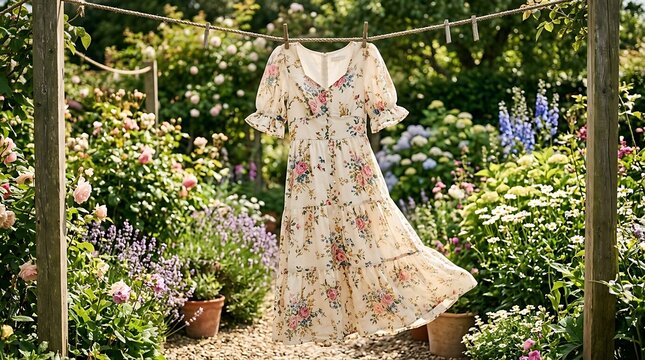 Elegant floral dress hanging in a garden on a sunny day