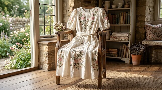 Elegant white floral dress on a wooden chair in a sunny rustic room