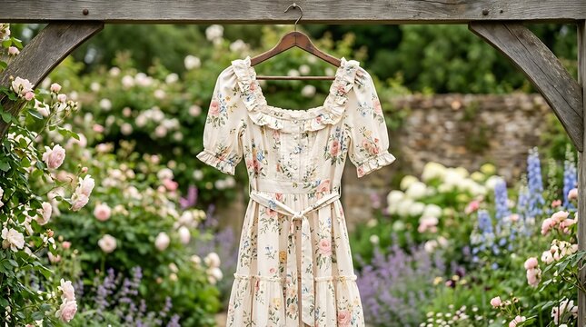 Elegant floral dress hanging in romantic garden setting with wooden archway