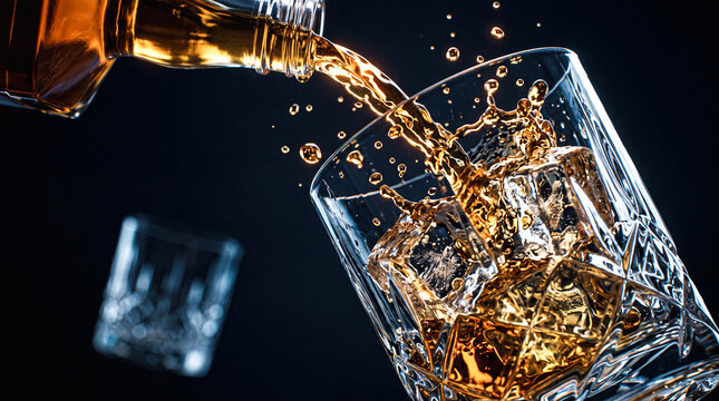 Whiskey Pour into Ice-Filled Glass: A close-up shot captures amber whiskey being poured from a bottle into a crystal glass filled with ice cubes.