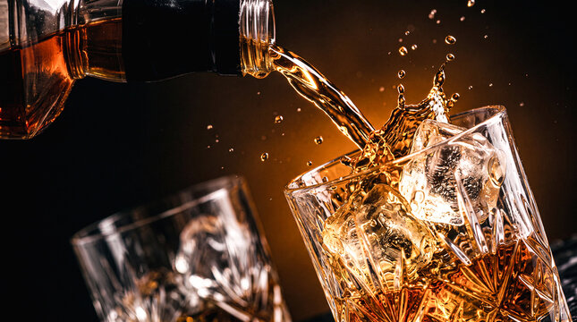 Whiskey Splash: A highball glass filled with amber whiskey and ice cubes, as a stream of liquor from a bottle splashes into it, creating a dynamic and tempting visual.