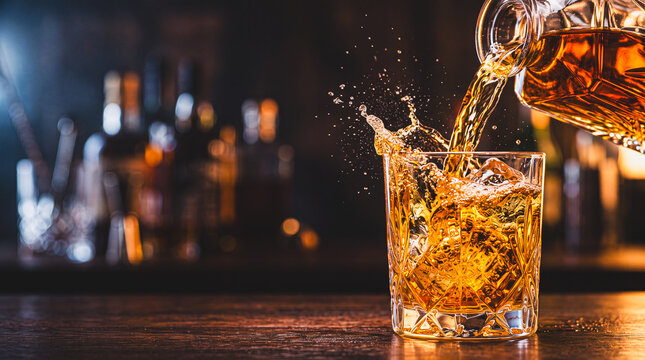 Whiskey Splash: Amber liquid splashes into a crystal glass filled with ice, creating a dynamic visual of indulgence and sophistication. The background features a blurred bar setting.