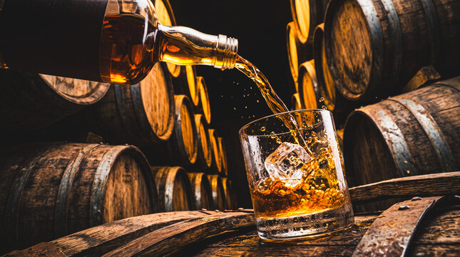 Whiskey Aging in Cellar: A glass of amber whiskey is poured over ice amidst a collection of oak barrels, suggesting a rich aging process and refined taste.